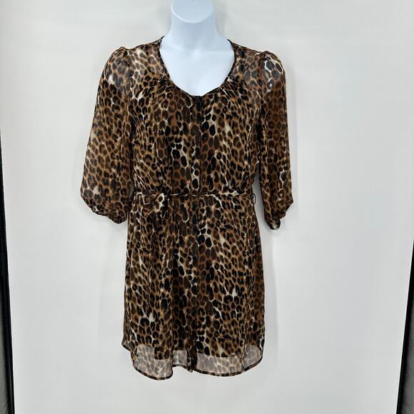 Y2K Sheer Leopard Belted Mini Dress M Layered Slip Lined Party Glam Express - Picture 1 of 9